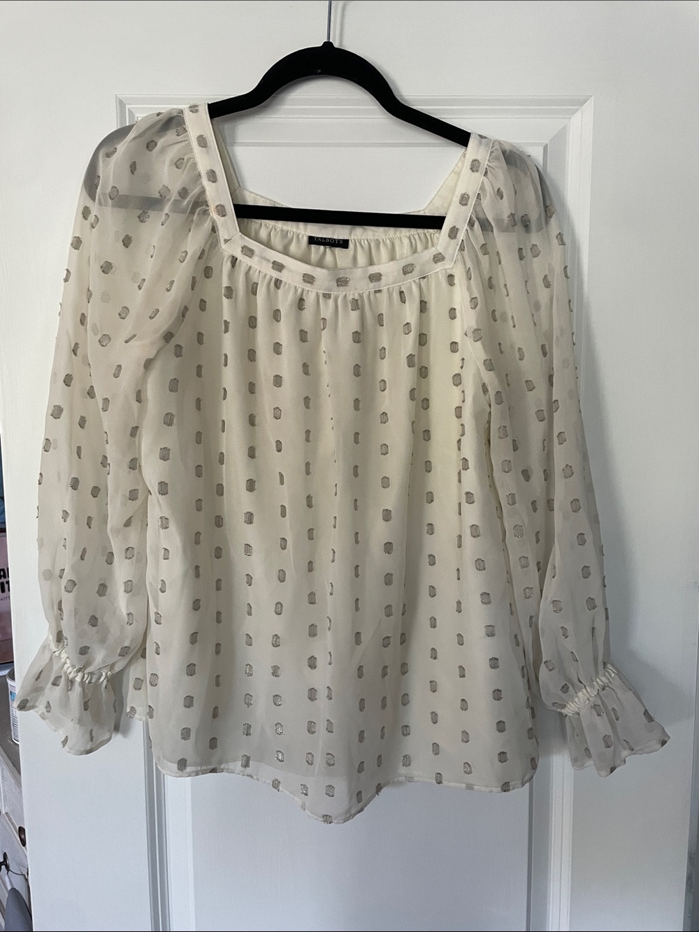 Talbots Sheer Ivory Polka Dot Peasant Blouse - Women's Top